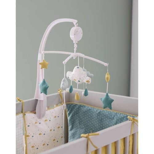 Mobile Musical Pour Bebe En Coton Blanc Bleu Et Jaune Moutarde Gaston Kadolog