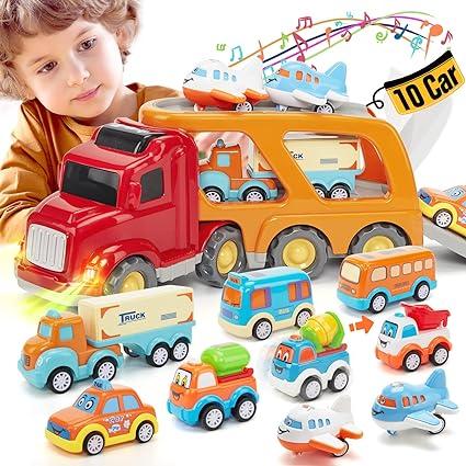 hahaland Jouet de Camion pour Enfant 2 Ans 10 PCS Camion Jouet avec Sons et Lumieres pour Enfant 3 Ans Cadeau de Transporteur Voiture Jouet pour Garcon Bebe 2 3 4 Ans