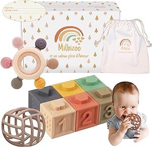 MILBIZOO Jouets Montessori bebe eveil jeux eveil bebe jouet bebe 3 mois et Cadeau naissance mixte Balle Sensorielle Anneau Dentition Hochet Cubes a empiler